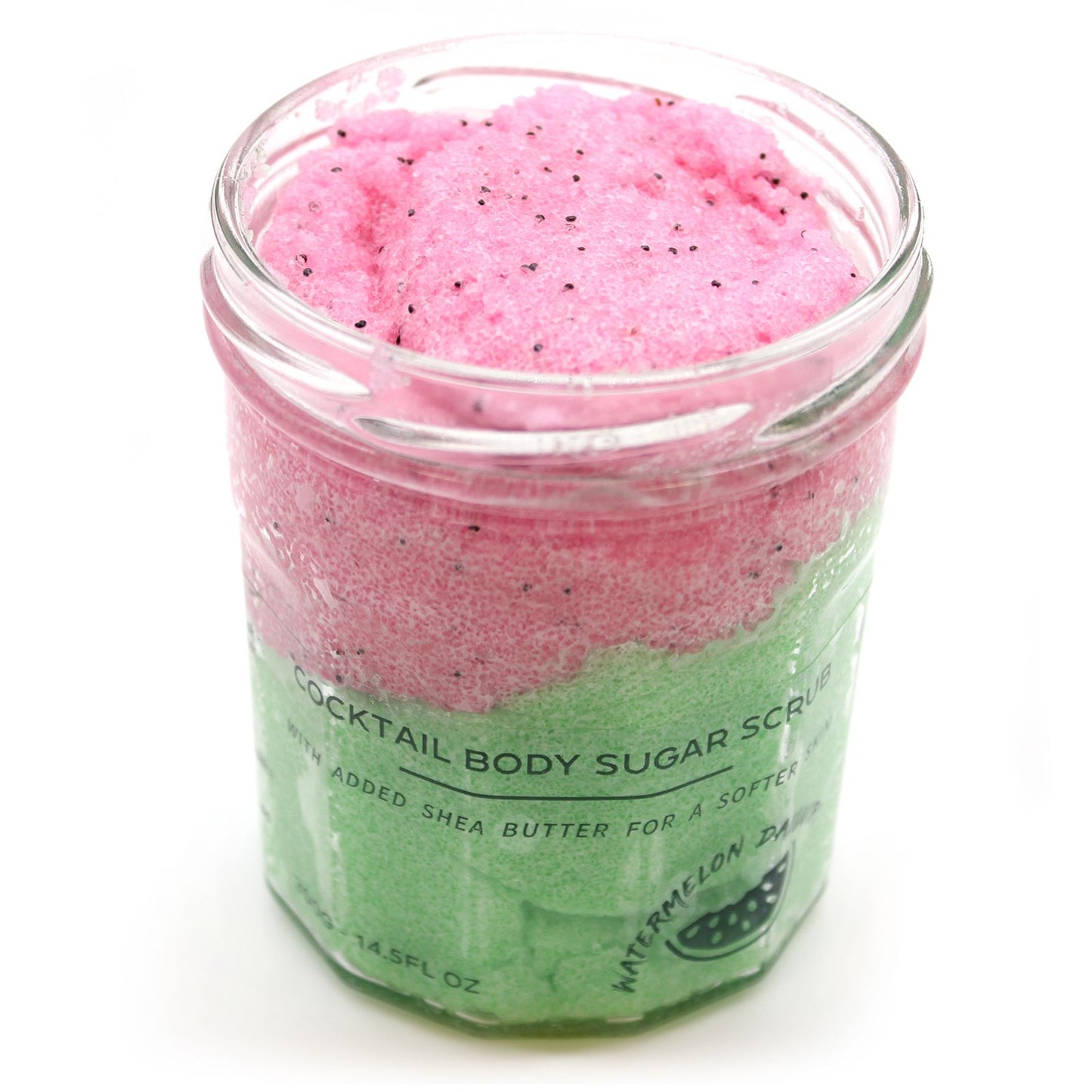 The Bliss Co Watermelon Daquiri sugar body scrub in a 300g jar with fresh watermelon slices and exfoliating sugar grains.