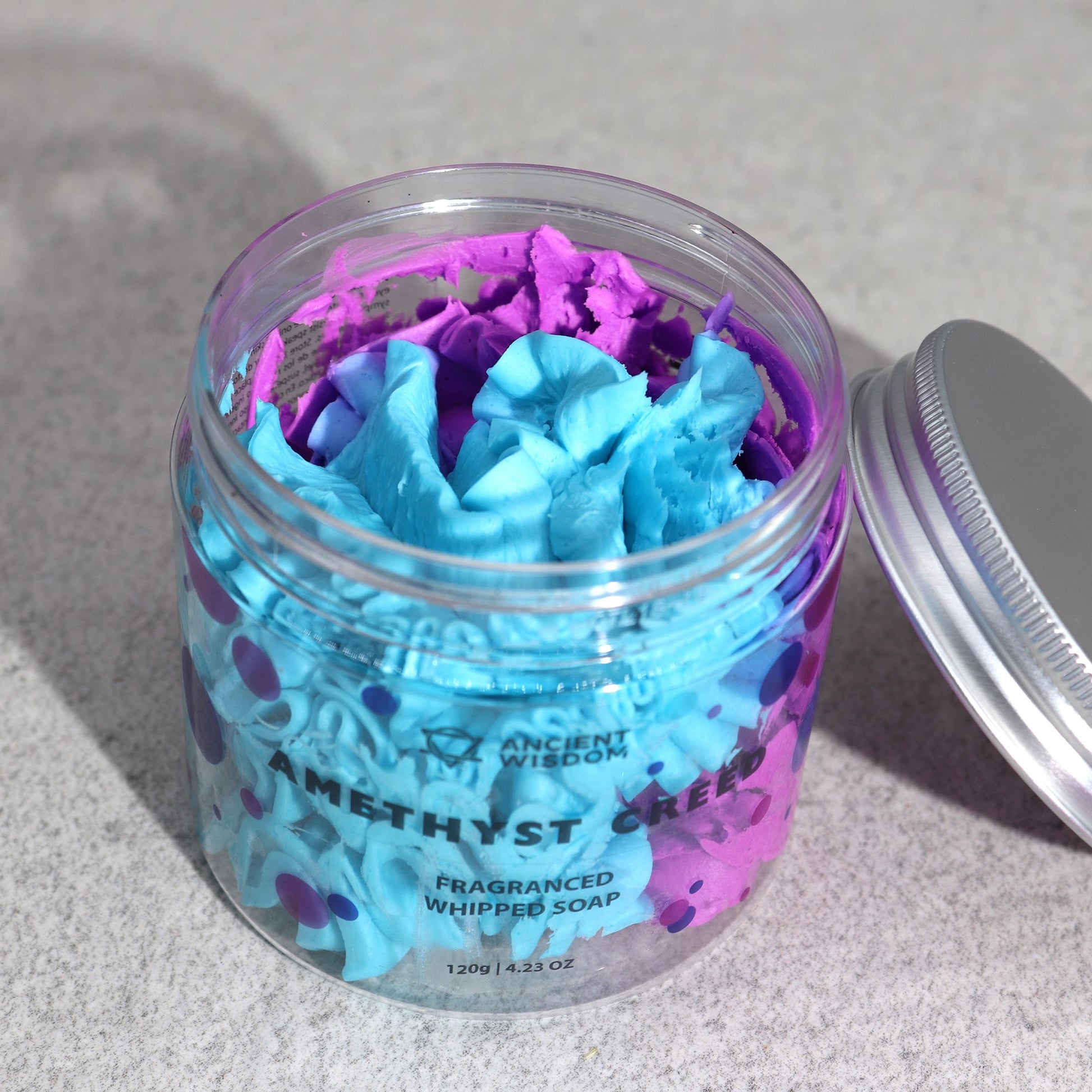 Amethyst Creed whipped soap by The Bliss Co in a 120g jar, showcasing its light, fluffy texture and lavender-purple hue.