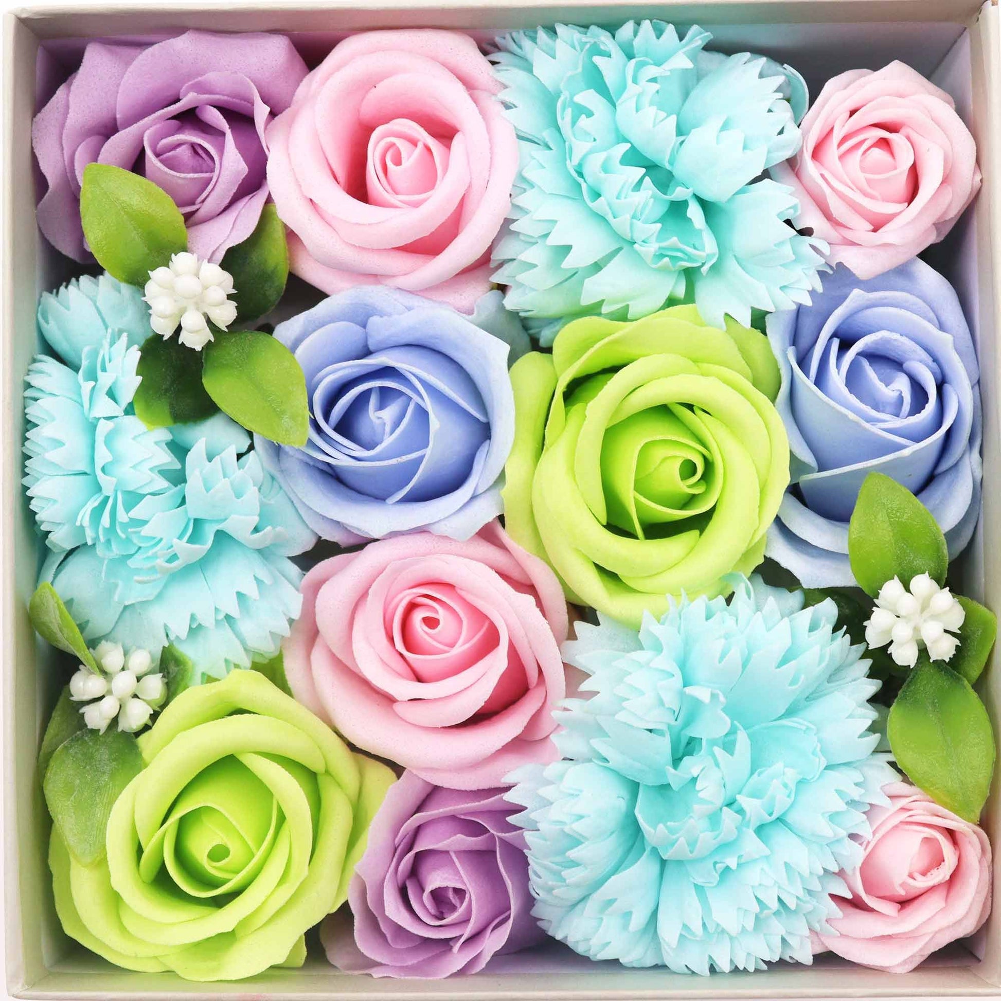 Square box of Baby Blessings Blues soap flower gift box by The Bliss Co, featuring decorative soap flowers in a blue-themed gift box.