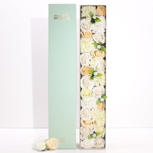 White and ivory soap flower gift box from The Bliss Co's Extra Long Box Wedding Blessings collection.