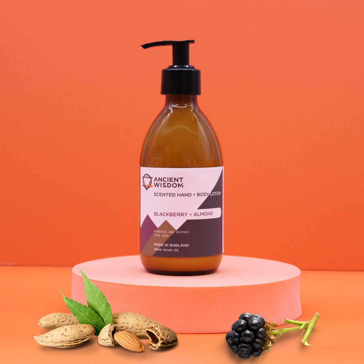 Blackberry and Almond scented lotion by The Bliss Co, 300ml, showcasing the hand and body lotion bottle with a natural fragrance.