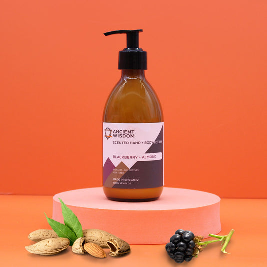 Blackberry and Almond scented lotion by The Bliss Co, 300ml, showcasing the hand and body lotion bottle with a natural fragrance.