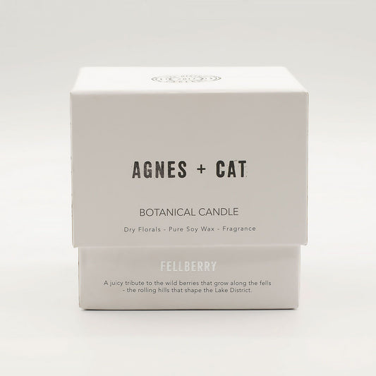Agnes + Cat Botanical Soy Wax Candle by The Bliss Co with Fellberry scent, showcasing a soy wax candle in a glass jar.