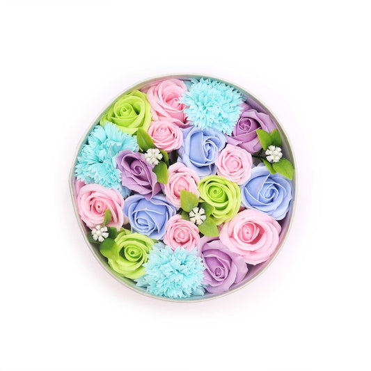 Round box of Baby Blessings Blues soap flower gift box by The Bliss Co, featuring decorative soap flowers in a blue-themed gift box.