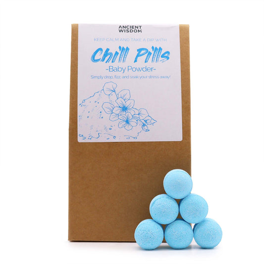 Chill Pills Gift Pack 350g by The Bliss Co featuring baby powder scent, relaxing herbal ingredients in a colorful gift box.