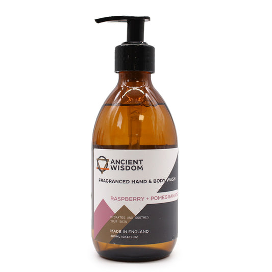 Raspberry and pomegranate scented hand and body wash by The Bliss Co in a 300ml bottle, with vibrant fruit imagery.