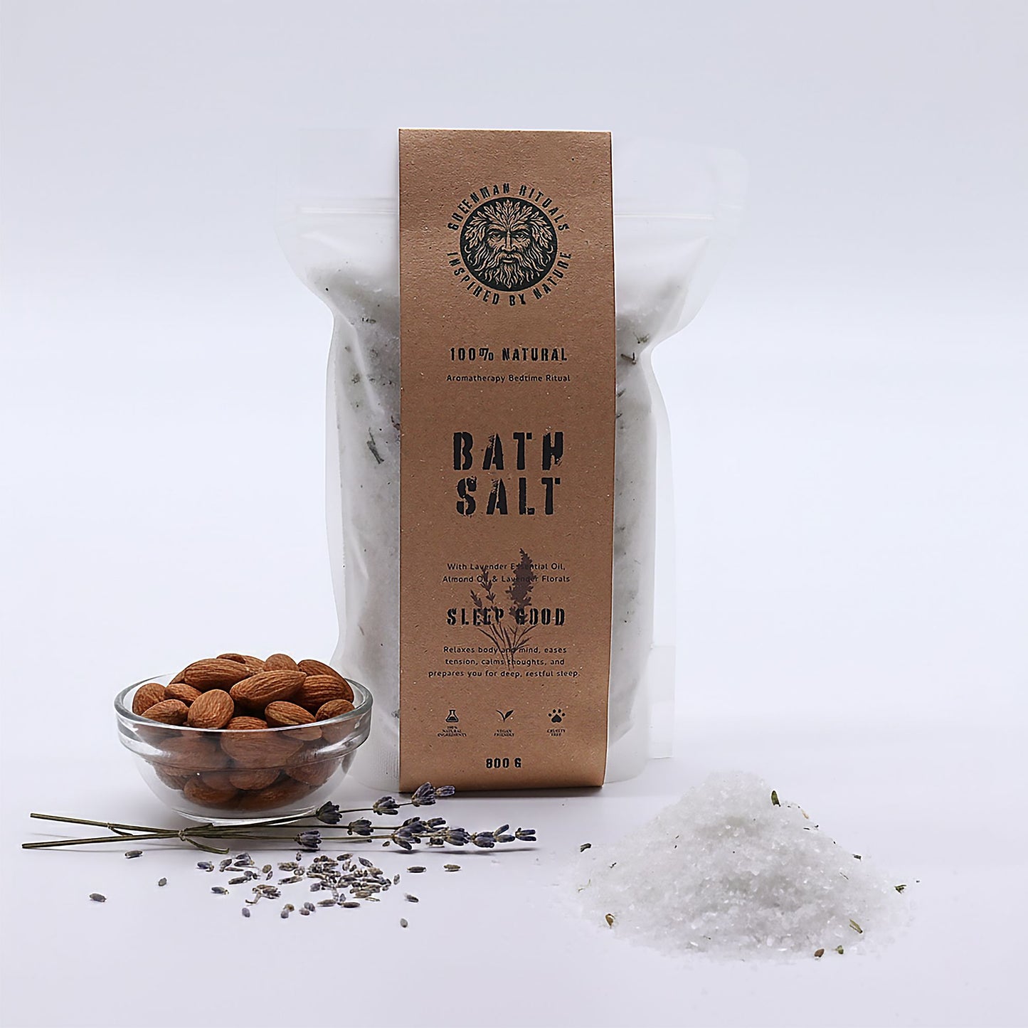 Greenman Rituals Lavender Aromatherapy Epsom Bath Salt from The Bliss Co, showing a jar of relaxing lavender-infused bath salts.
