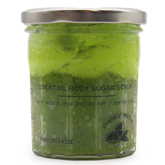 The Bliss Co Mojito scented sugar body scrub in a 300g jar, showing the textured sugar scrub with fresh mint and lime aroma.