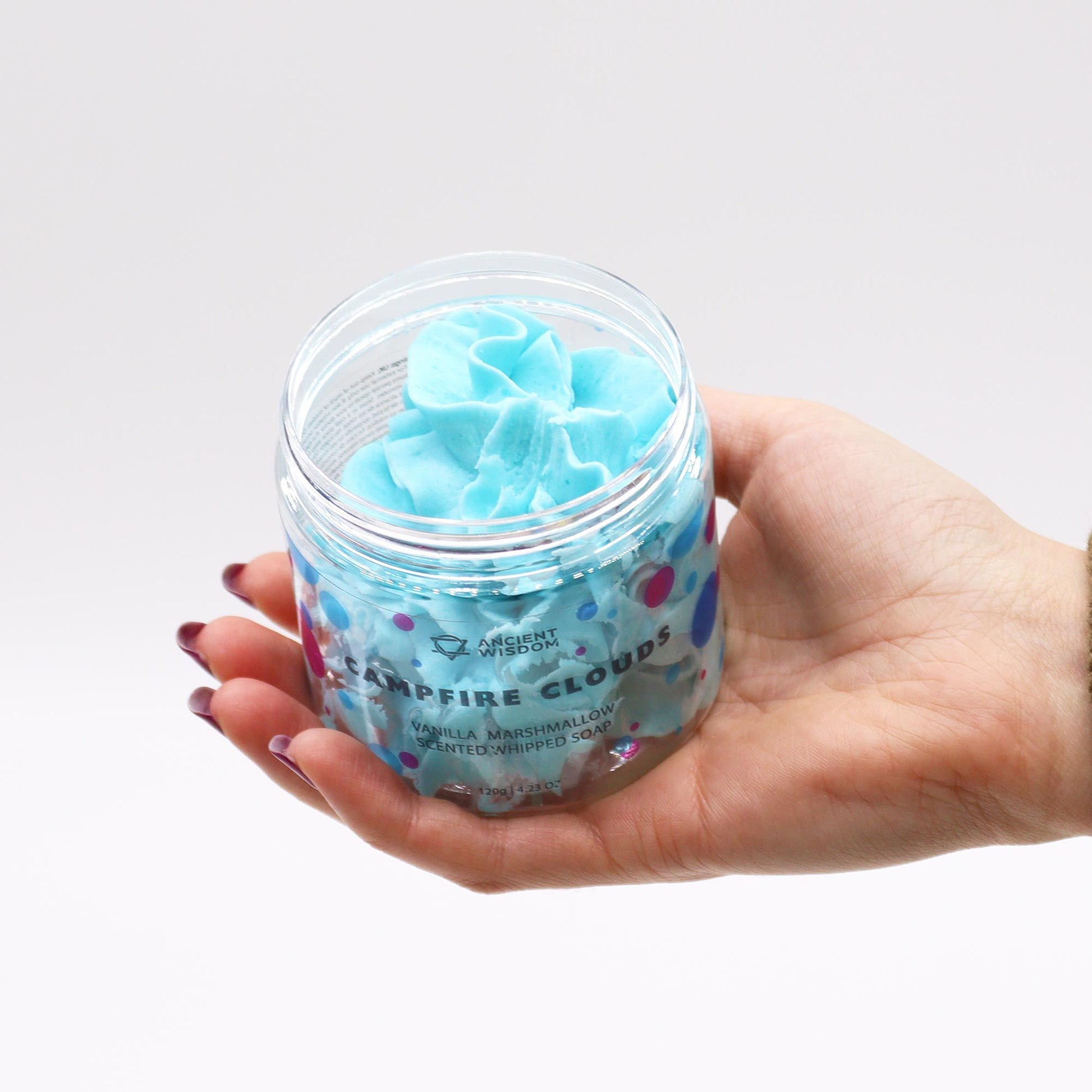 Creamy marshmallow whipped soap from The Bliss Co in a 120g jar, showing fluffy, smooth texture and soft pastel color.