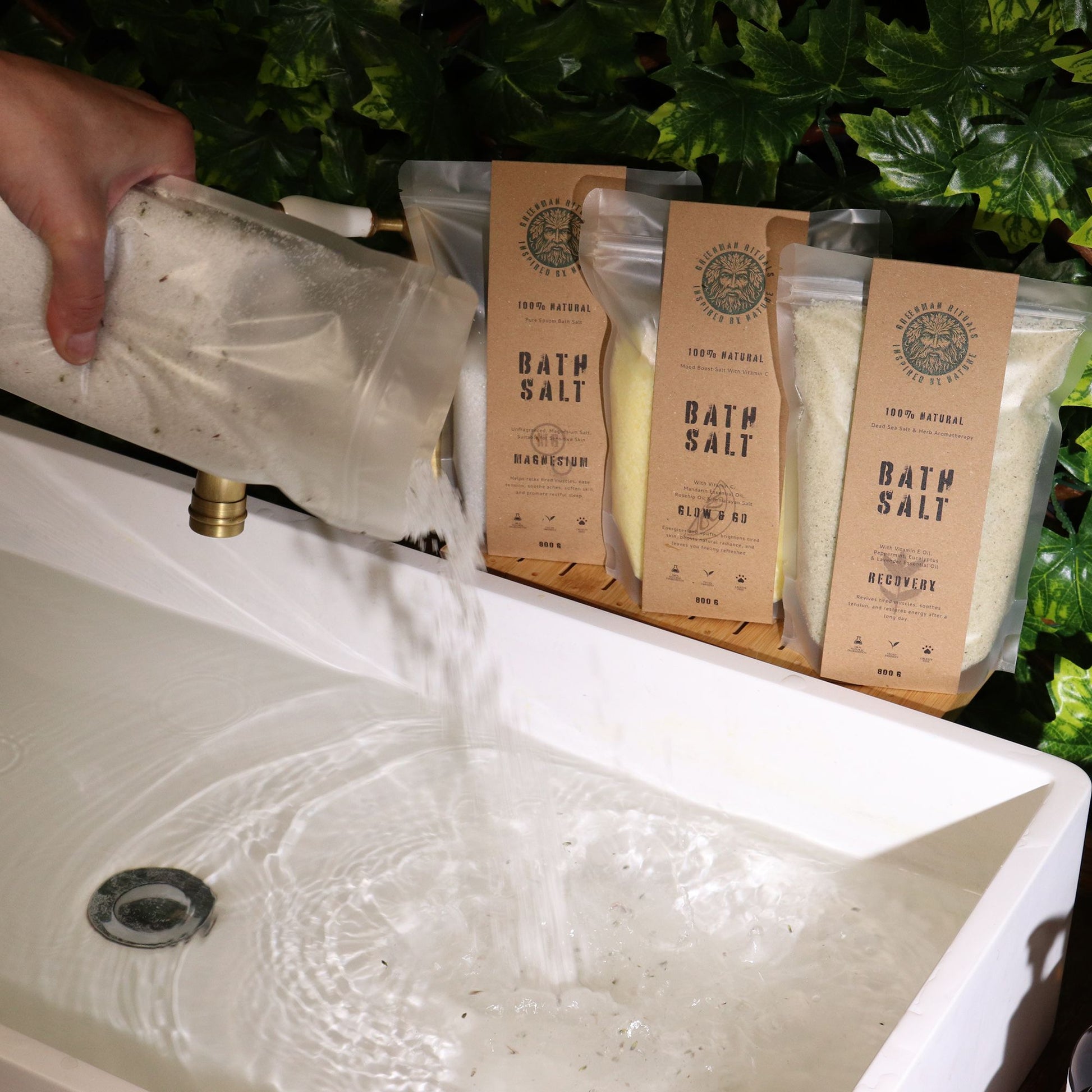 Greenman Rituals Lavender Aromatherapy Epsom Bath Salt from The Bliss Co, showing a jar of soothing lavender bath salts.