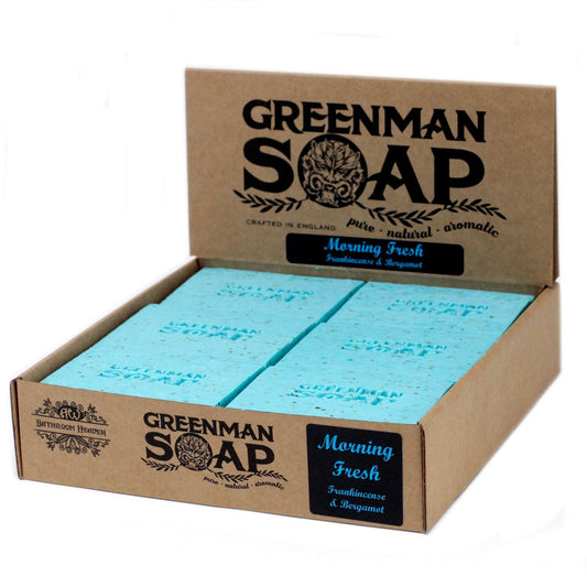 Greenman Handmade Soap slice in green with Morning Fresh scent, 100g, by The Bliss Co, showcasing a natural soap bar.