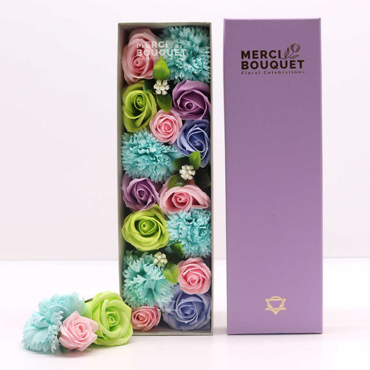 Long Box Baby Blessings Blues soap flower gift box by The Bliss Co with decorative blue soap flowers and elegant packaging.