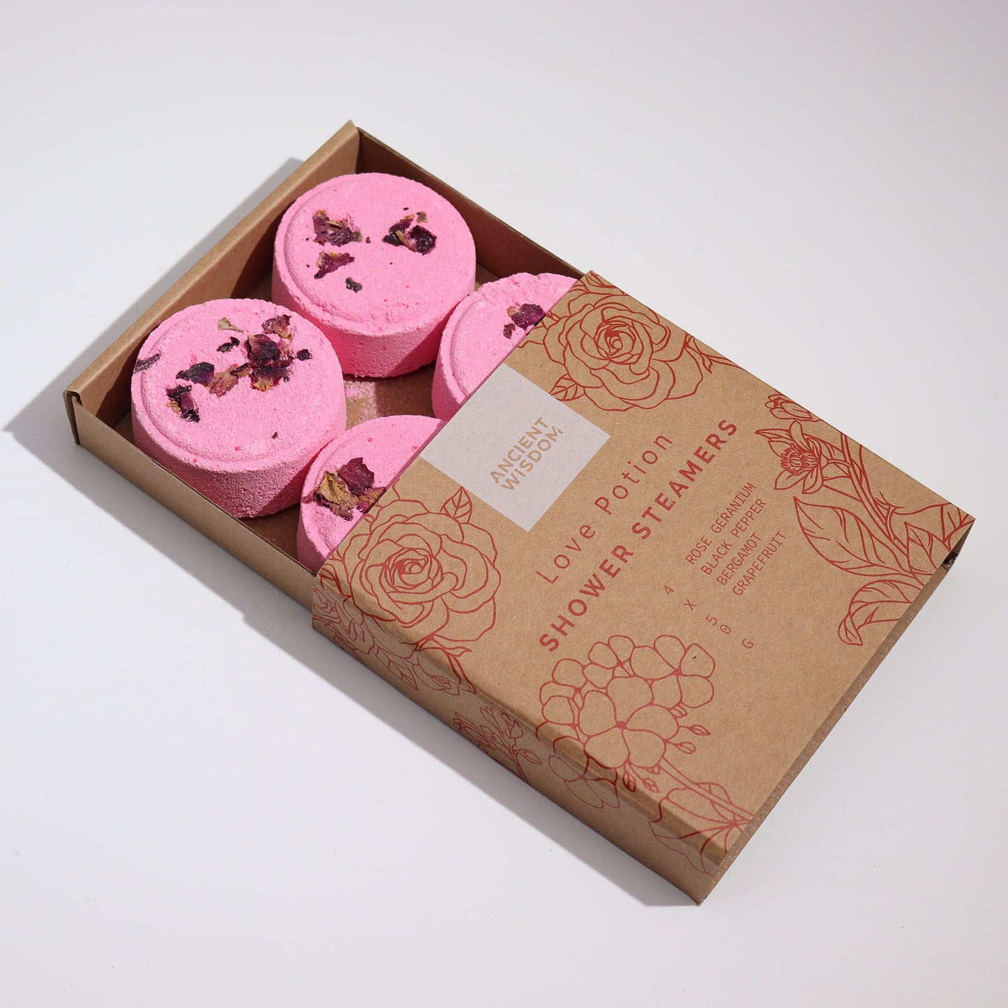 The Bliss Co Zen Shower Steamers Therapy Wellness Gift Set with Love Potion scent, featuring colorful shower steamers in a box.