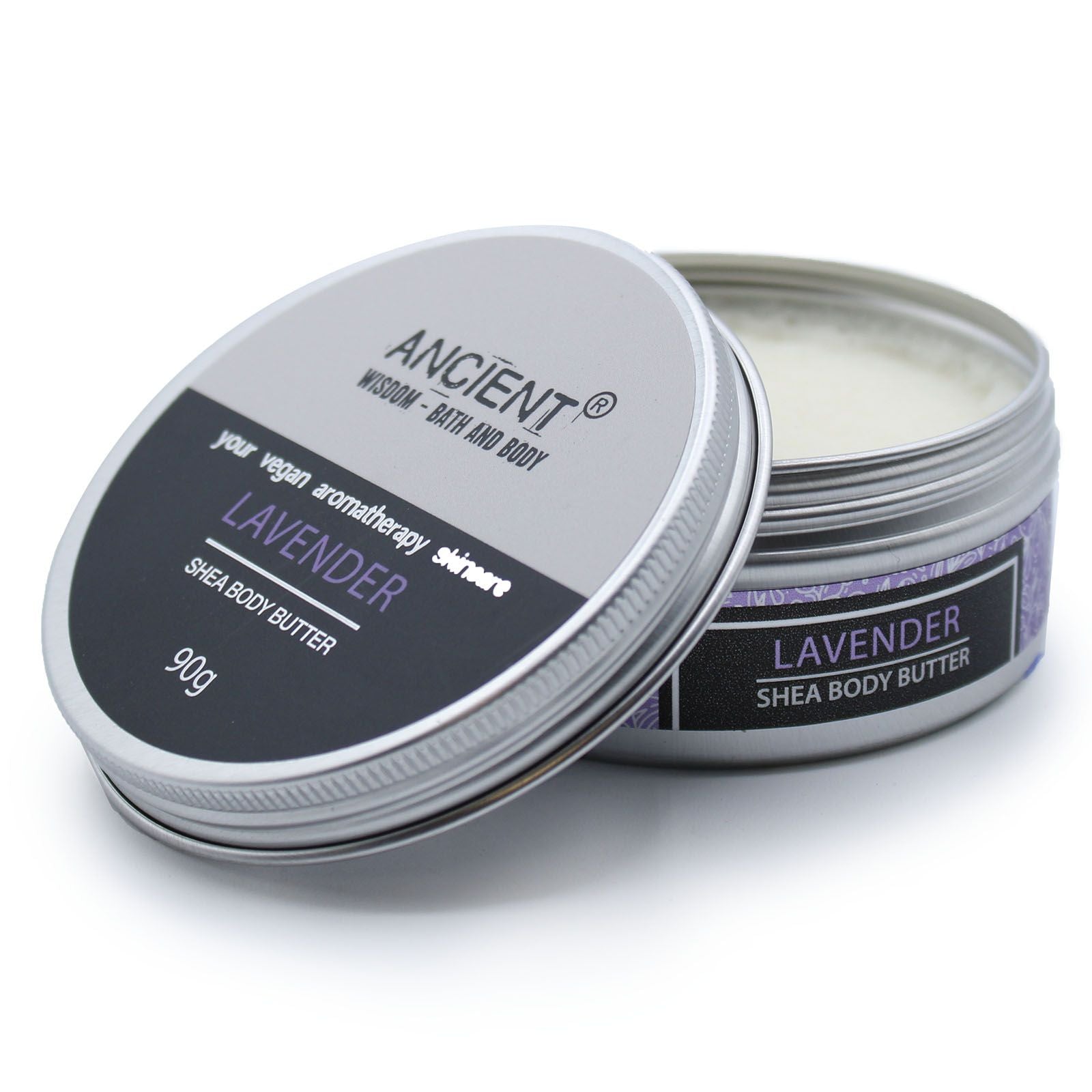 Lavender Aromatherapy Shea Body Butter by The Bliss Co in 90g jar, showcasing smooth lavender-scented shea butter for moisturizing skin.