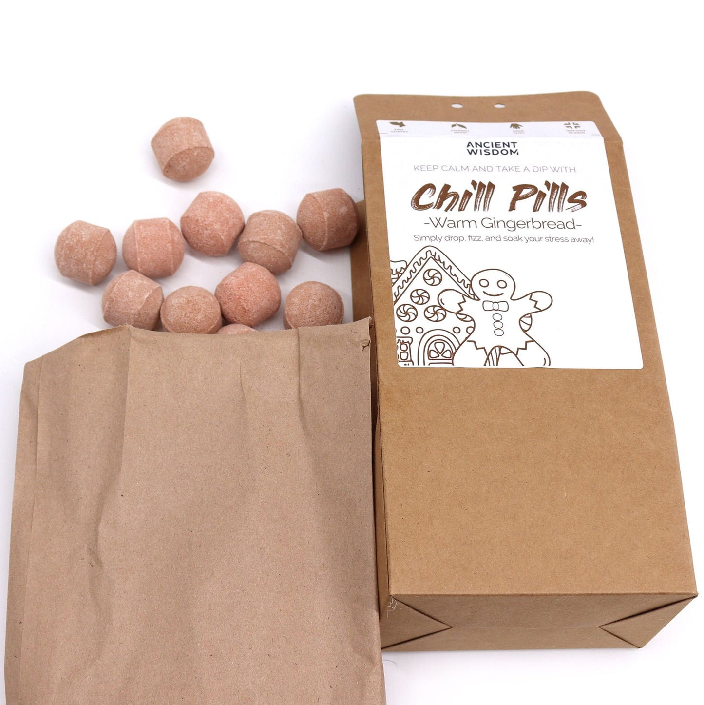 Chill Pills Gift Pack 350g by The Bliss Co featuring warm gingerbread flavored Chill Pill snacks in a colorful gift box.