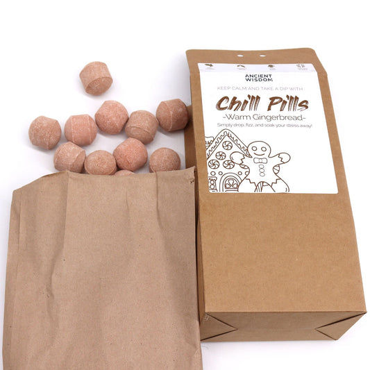 Chill Pills Gift Pack 350g by The Bliss Co featuring warm gingerbread flavored Chill Pill snacks in a colorful gift box.