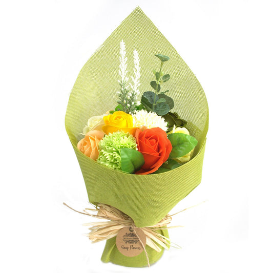 Standing soap flower bouquet in green and yellow by The Bliss Co, featuring handcrafted soap flowers arranged in a tall, decorative display.
