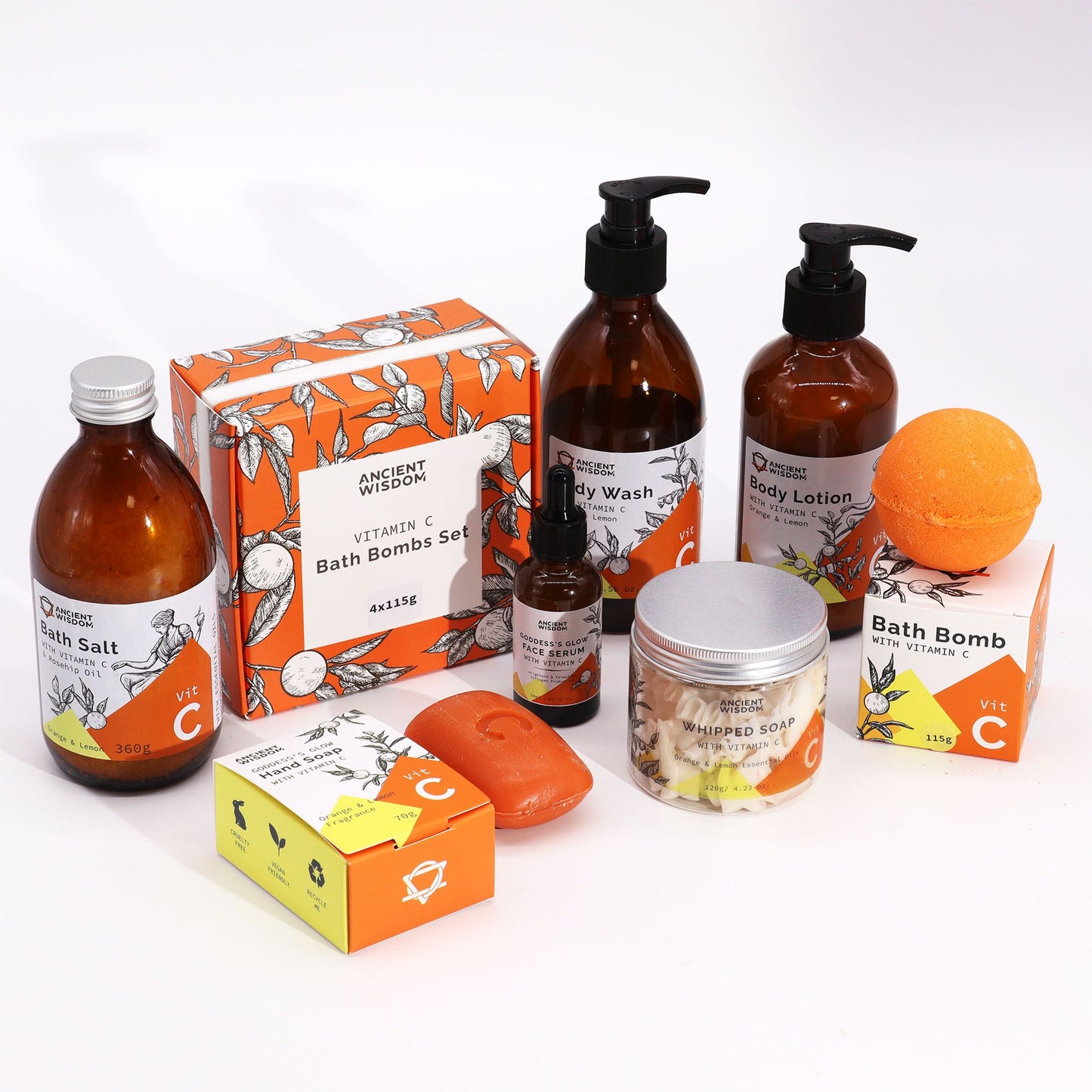The Bliss Co Aromatherapy Body Wash with Vitamin C, orange and lemon scent, in a clear bottle with pump dispenser.