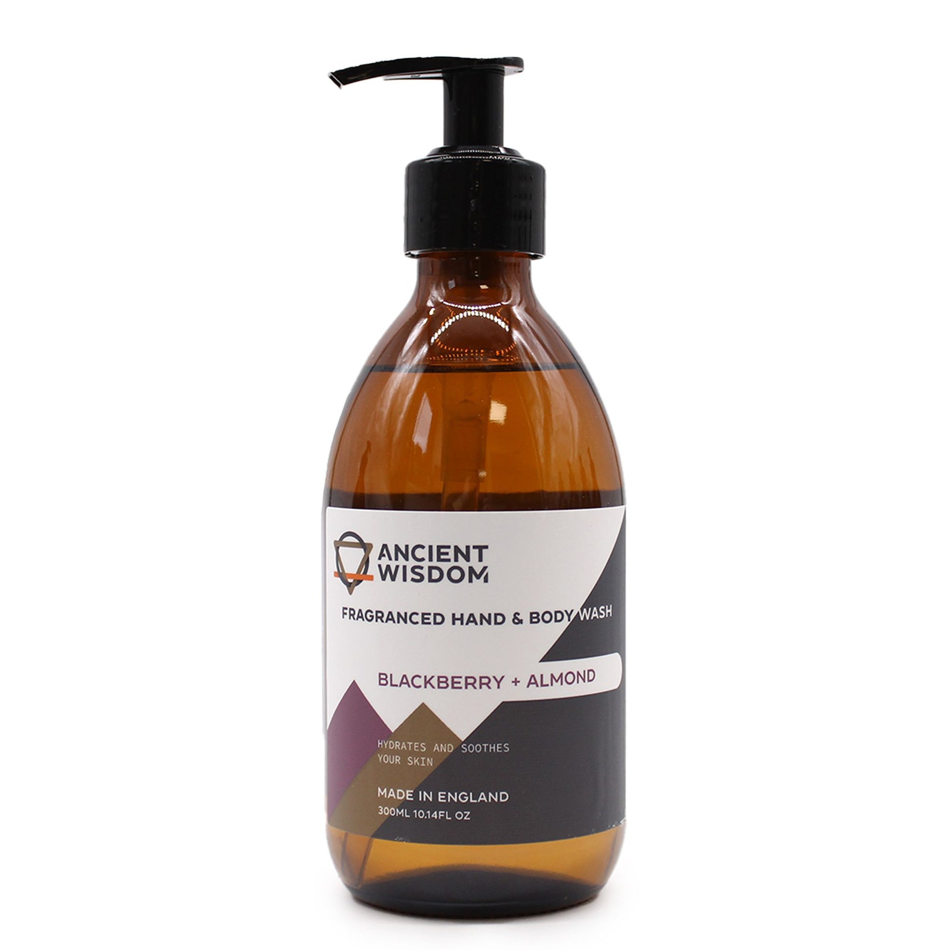 Blackberry and Almond fragranced hand and body wash by The Bliss Co in a 300ml bottle, showing the product with a sleek pump dispenser.
