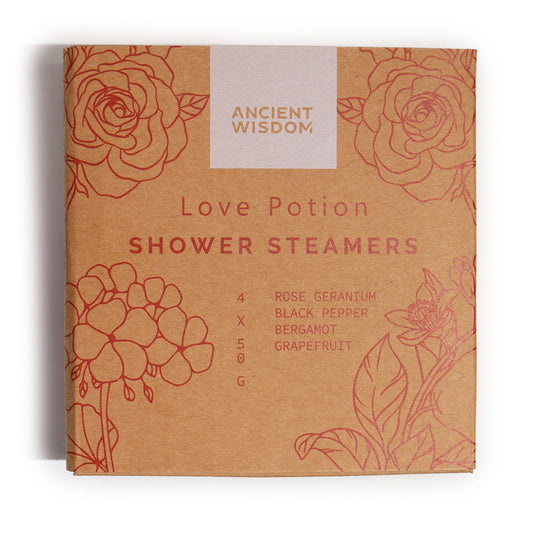 Zen Shower Steamers Therapy Wellness Gift Set by The Bliss Co featuring Love Potion scented shower steamers on a white background.