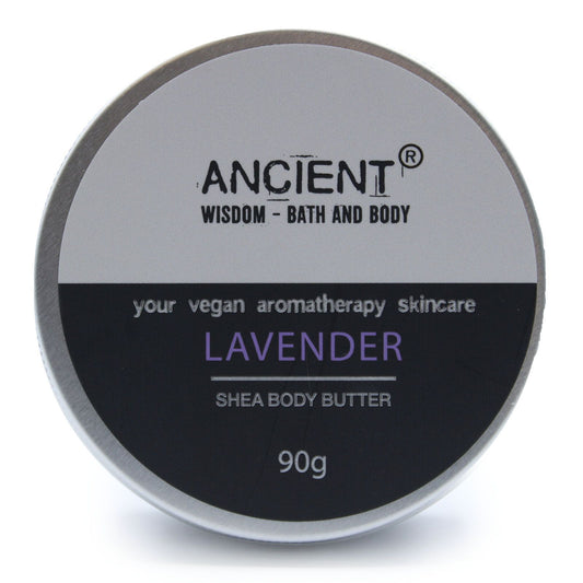 Lavender aromatherapy Shea body butter in 90g jar from The Bliss Co, creamy texture with lavender scent for moisturizing skin.