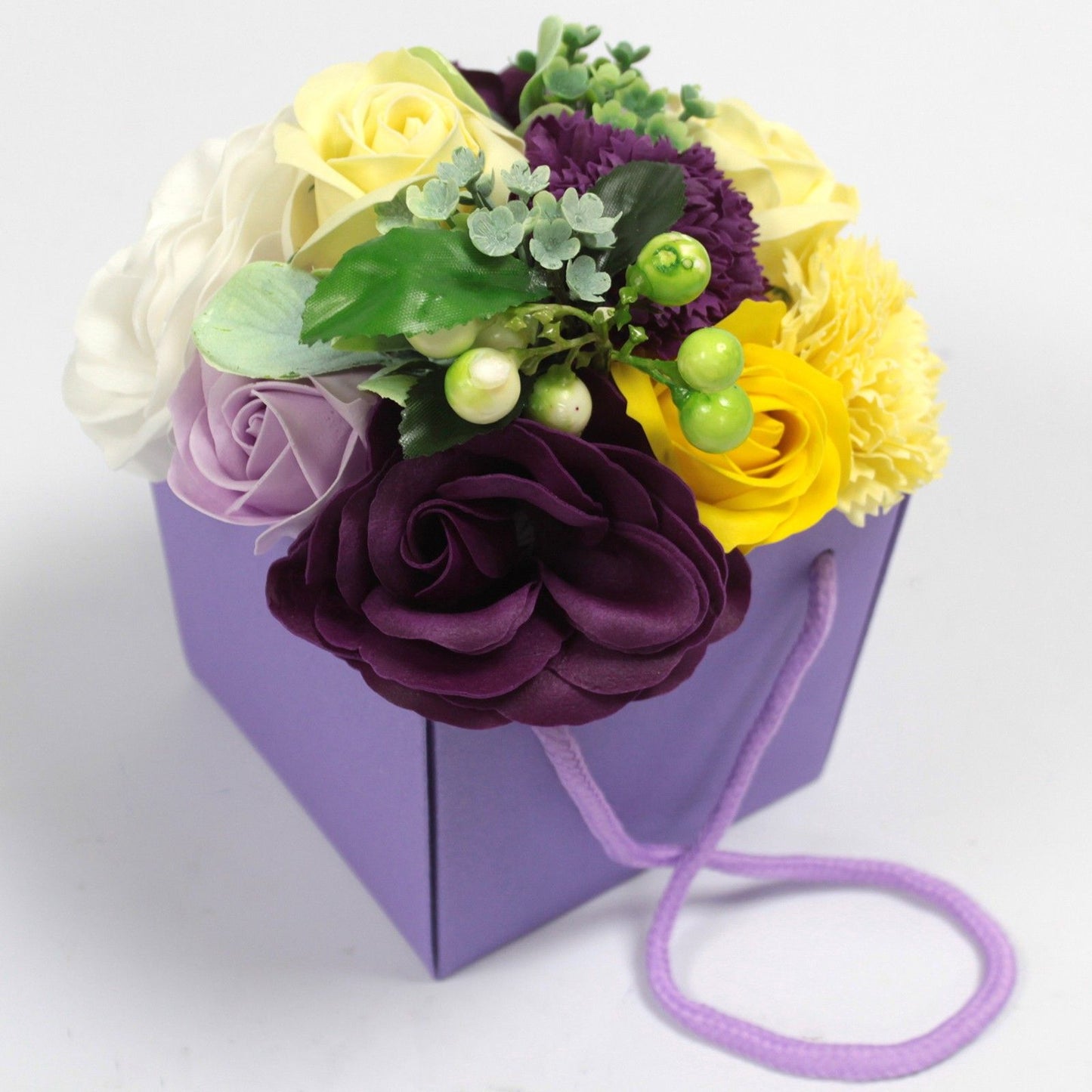 Luxury soap flower bouquet with purple flowers from The Bliss Co, showcasing a beautiful and elegant soap flower garden.