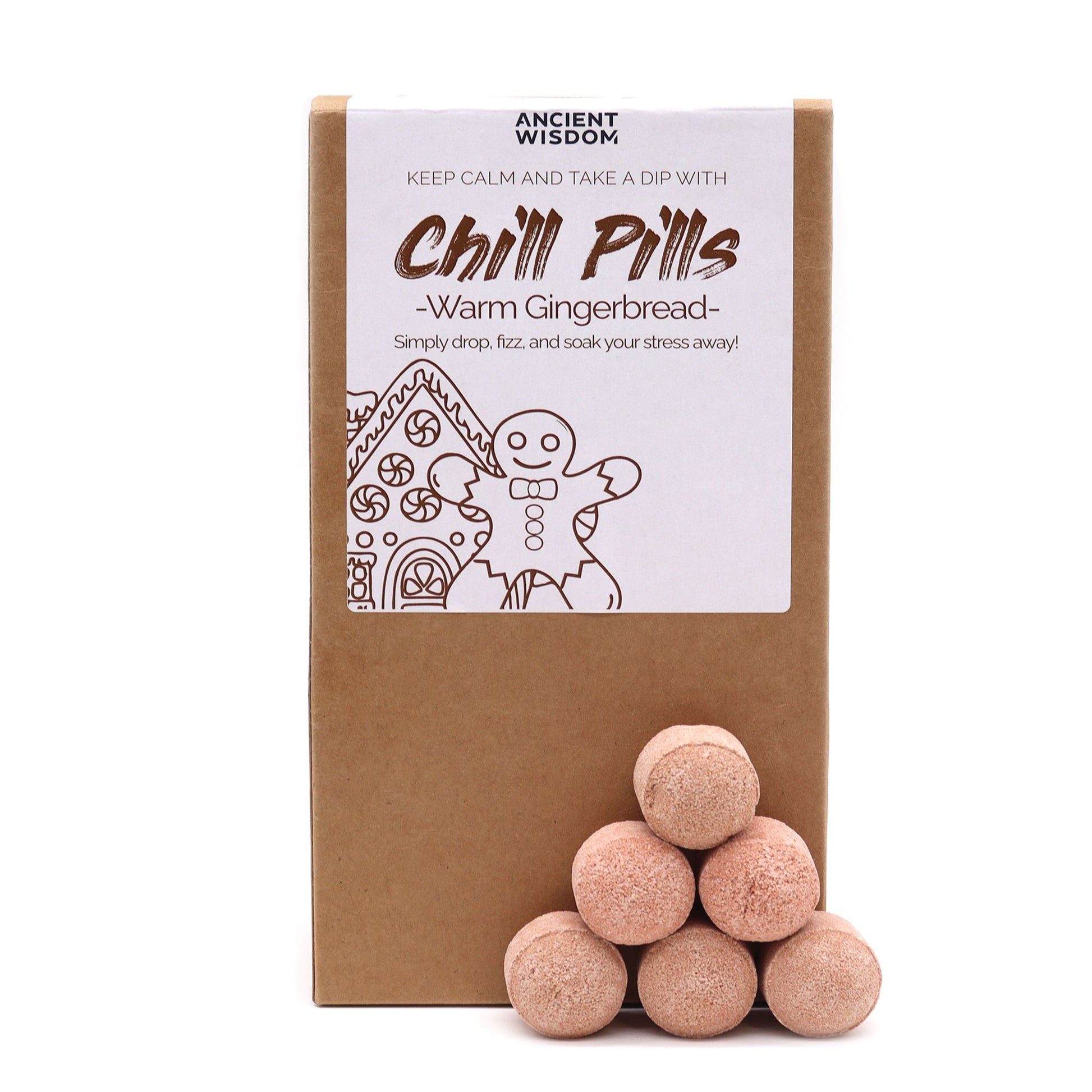 Chill Pills Gift Pack 350g by The Bliss Co featuring warm gingerbread flavor, colorful assorted herbal supplement capsules.
