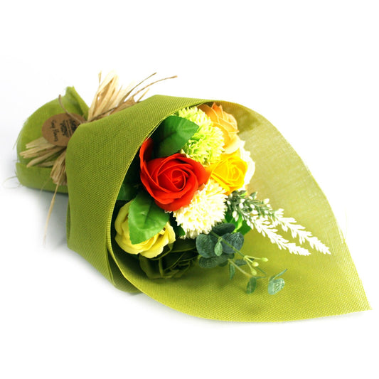 Standing soap flower bouquet in green and yellow from The Bliss Co, featuring handcrafted soap flowers arranged in a decorative bouquet.
