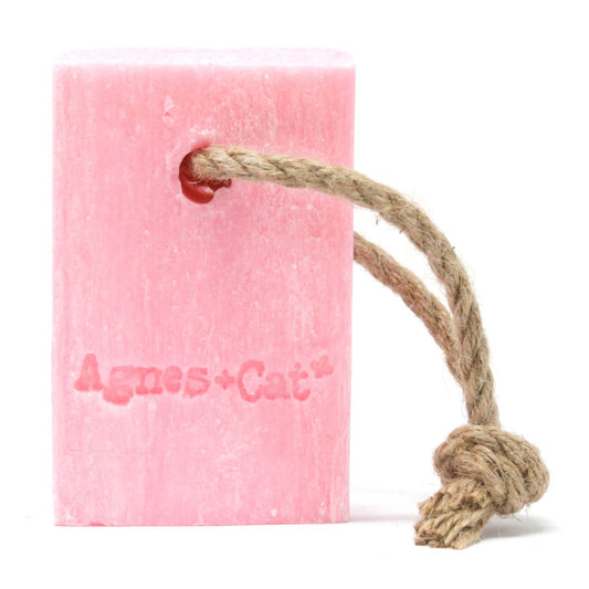 Agnes + Cat Soap on a Rope by The Bliss Co featuring Japanese Bloom scent, hanging with floral design and vibrant colors.