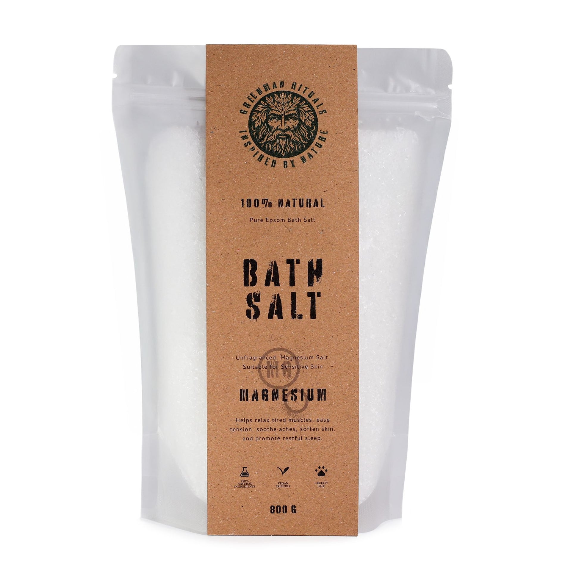 Greenman Rituals Magnesium Epsom Bath Salt from The Bliss Co in a clear glass jar, showcasing the green and white label.