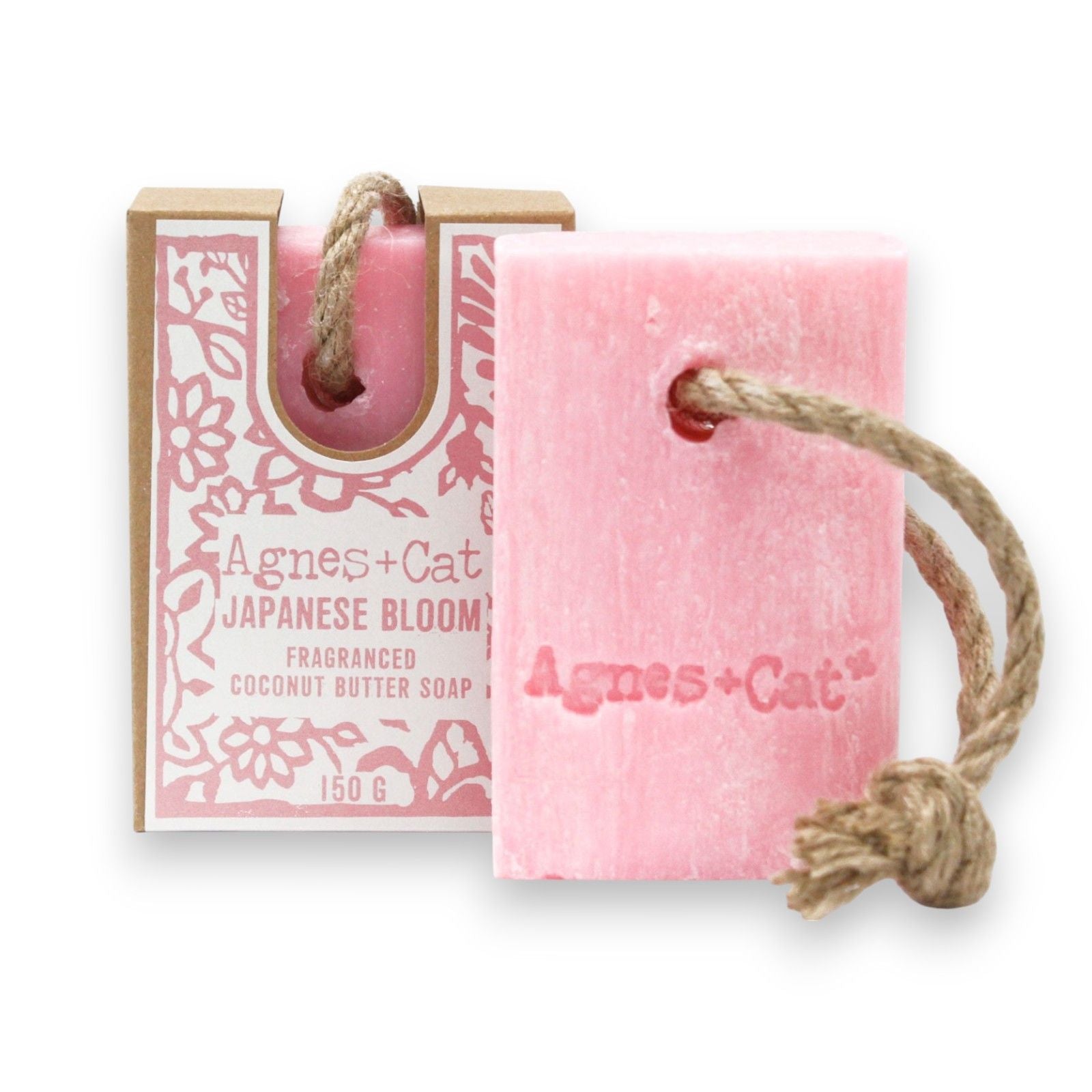 Agnes + Cat Soap on a Rope by The Bliss Co featuring Japanese Bloom scent, hanging soap with floral design on a natural rope.