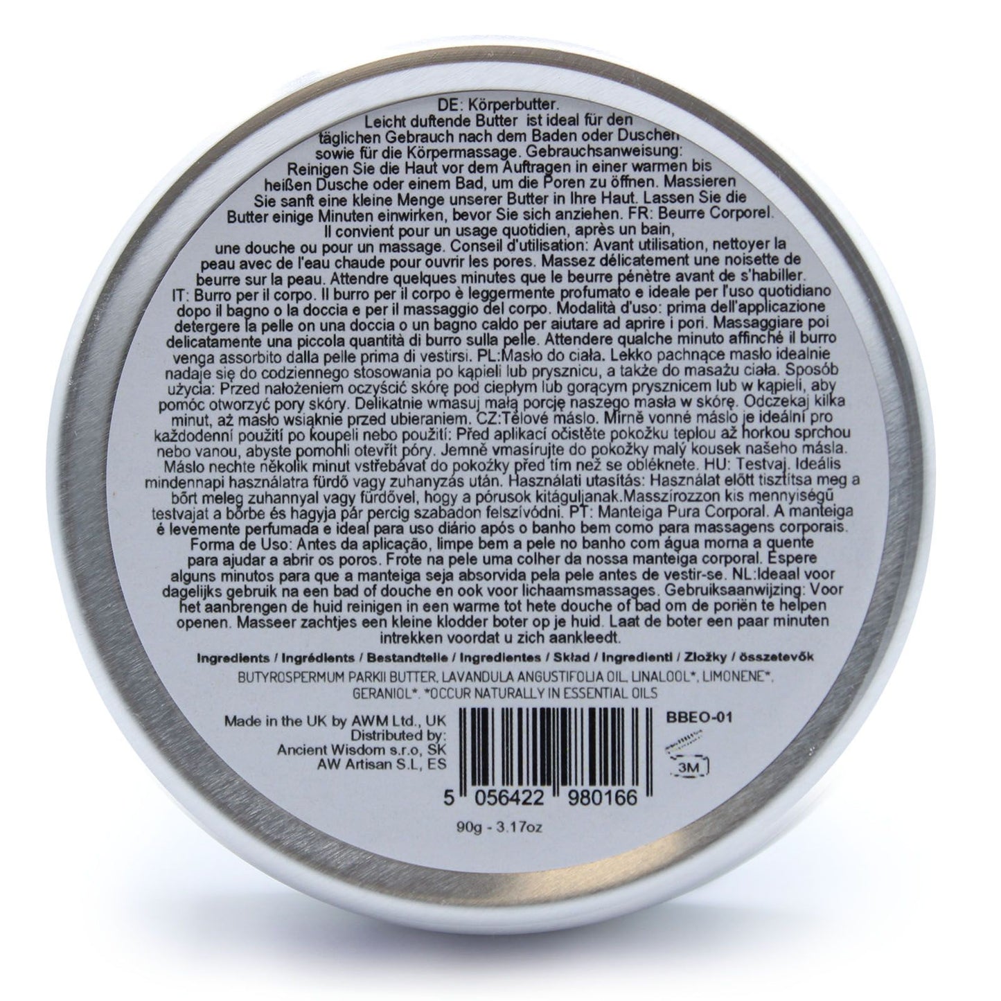 Lavender-scented Aromatherapy Shea Body Butter from The Bliss Co in a 90g jar, showing creamy white texture with lavender flowers.