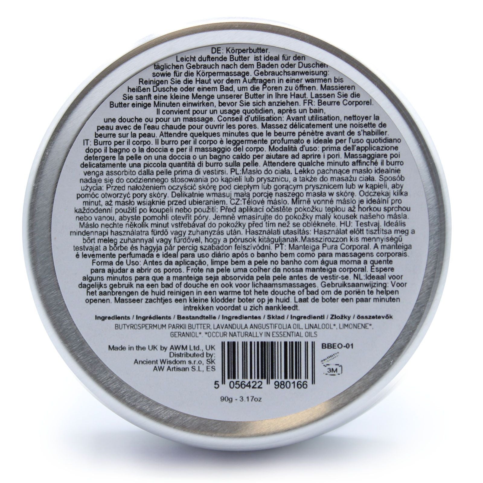 Lavender-scented Aromatherapy Shea Body Butter from The Bliss Co in a 90g jar, showing creamy white texture with lavender flowers.