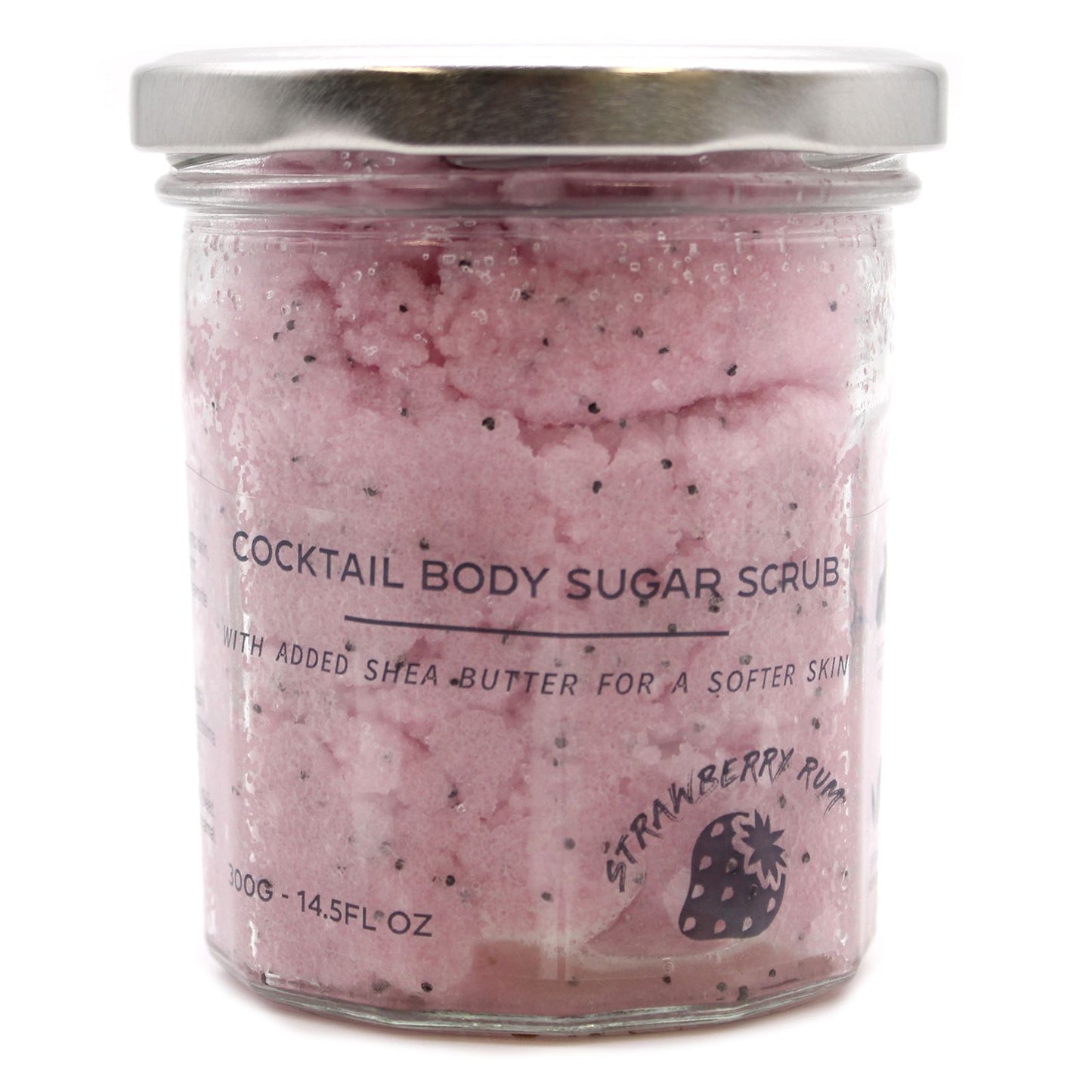 Fragranced sugar body scrub by The Bliss Co with strawberry rum scent, showing a 300g jar of exfoliating body scrub.