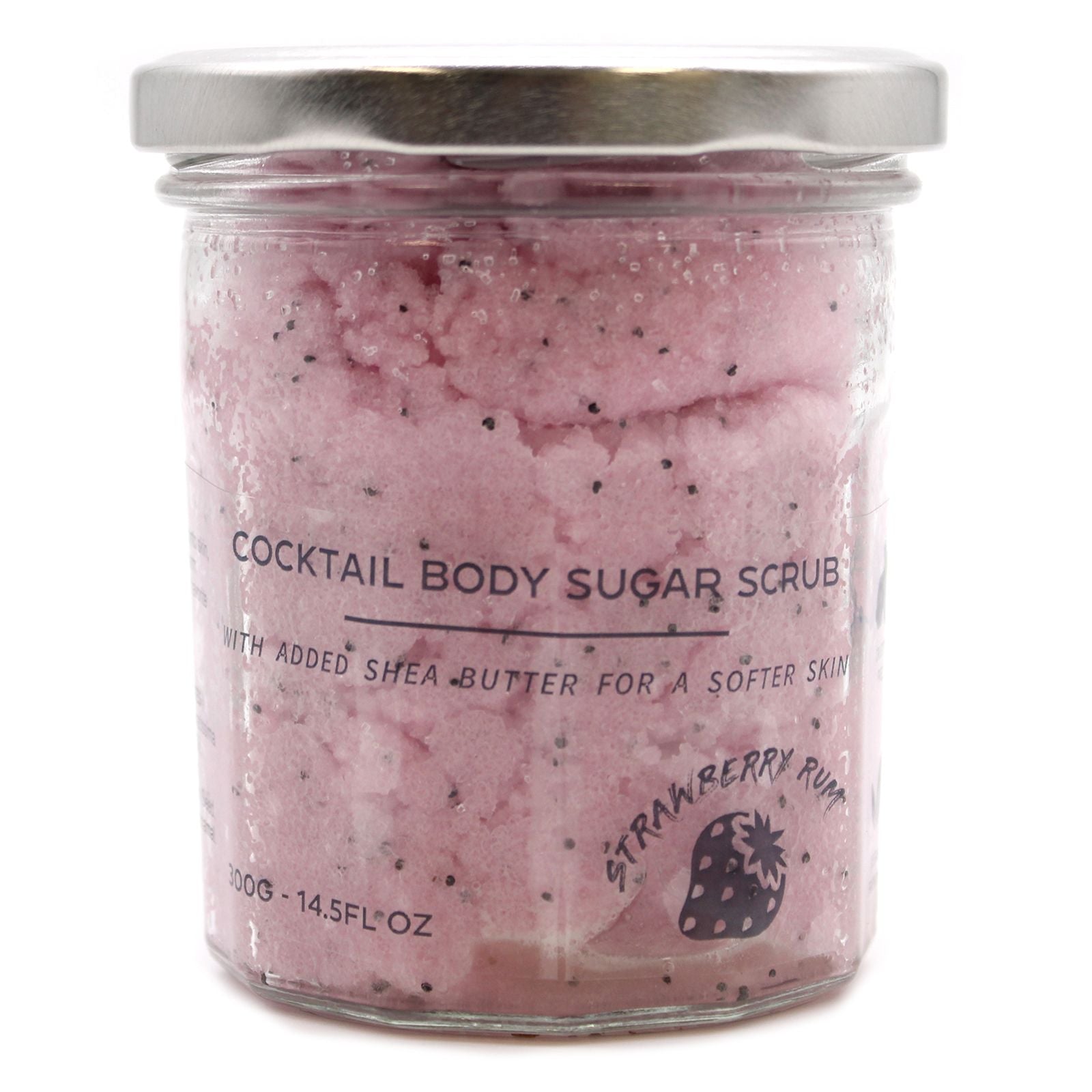 Fragranced sugar body scrub by The Bliss Co with strawberry rum scent, showing a 300g jar of exfoliating body scrub.