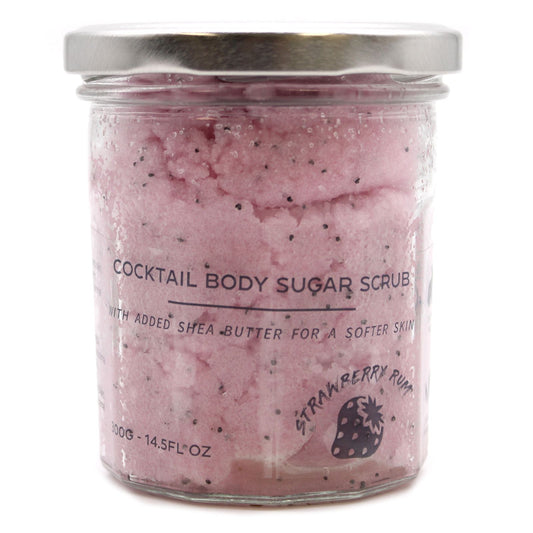 Fragranced sugar body scrub by The Bliss Co with strawberry rum scent, showing a 300g jar of exfoliating body scrub.