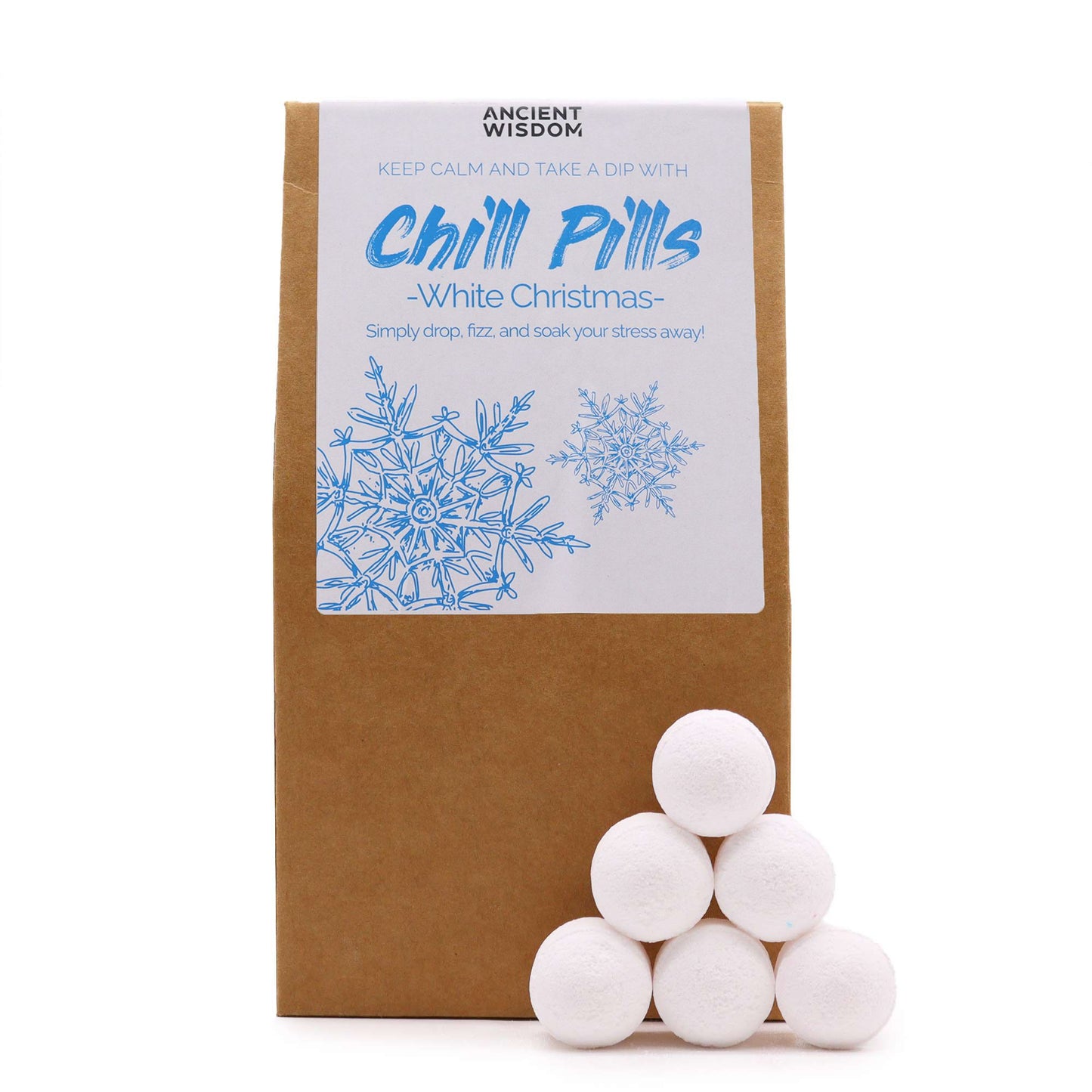 Chill Pills gift pack by The Bliss Co, 350g White Christmas flavor, featuring colorful chocolate pills in festive packaging.