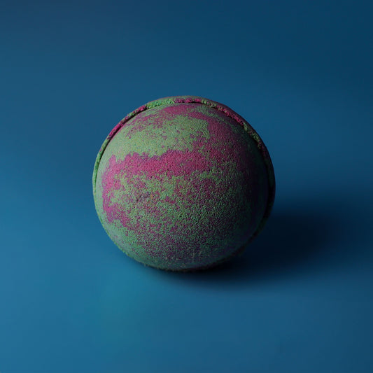 Set of 3 jumbo fruity rhubarb bath bombs by The Bliss Co, colorful and round, perfect for relaxing baths.