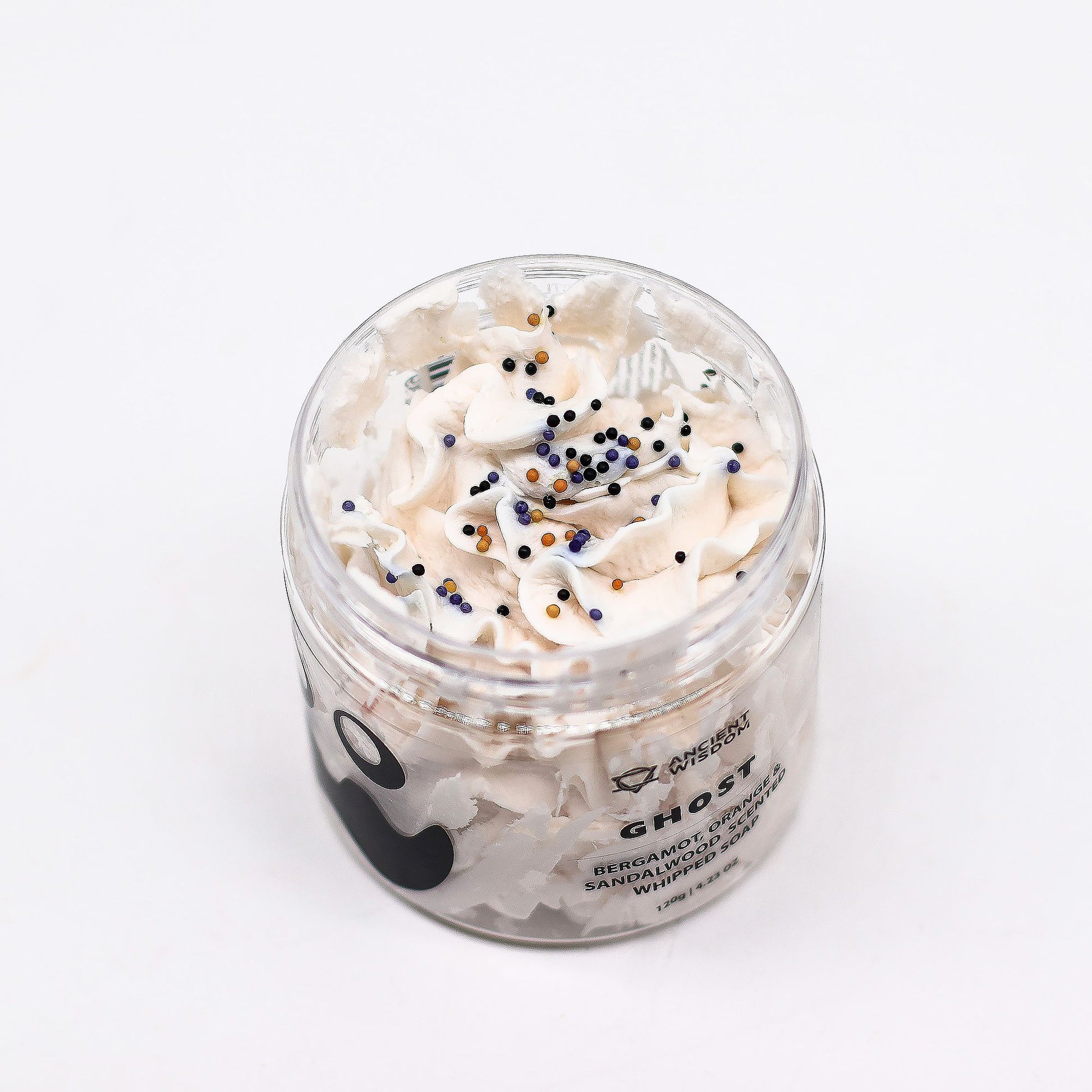 The Bliss Co Ghost Whipped Soap 120g in a fluffy, creamy texture with a ghostly white appearance, perfect for gentle cleansing.