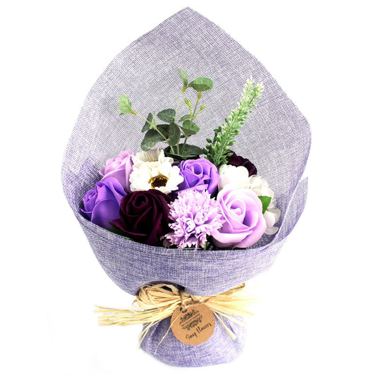 Purple soap flower bouquet standing arrangement by The Bliss Co, featuring delicate soap flowers in a tall display.