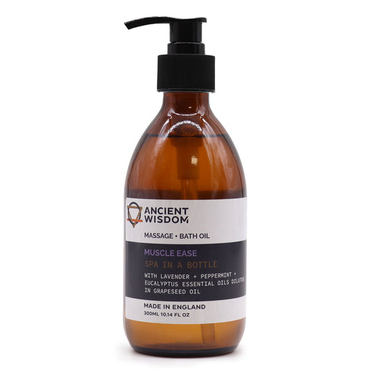 The Bliss Co Muscle Ease aromatherapy massage and bath oil in a 300ml bottle with pump, designed for relaxing muscle relief.