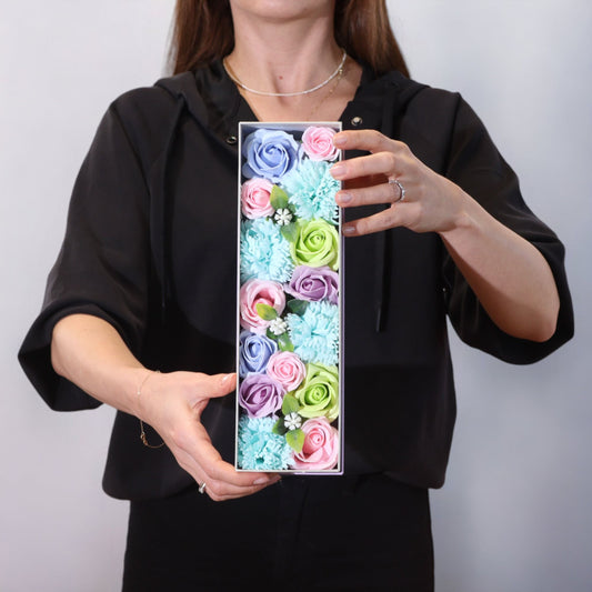 Long Box Baby Blessings Blues soap flower gift box by The Bliss Co, featuring decorative soap flowers in a blue-themed gift set.
