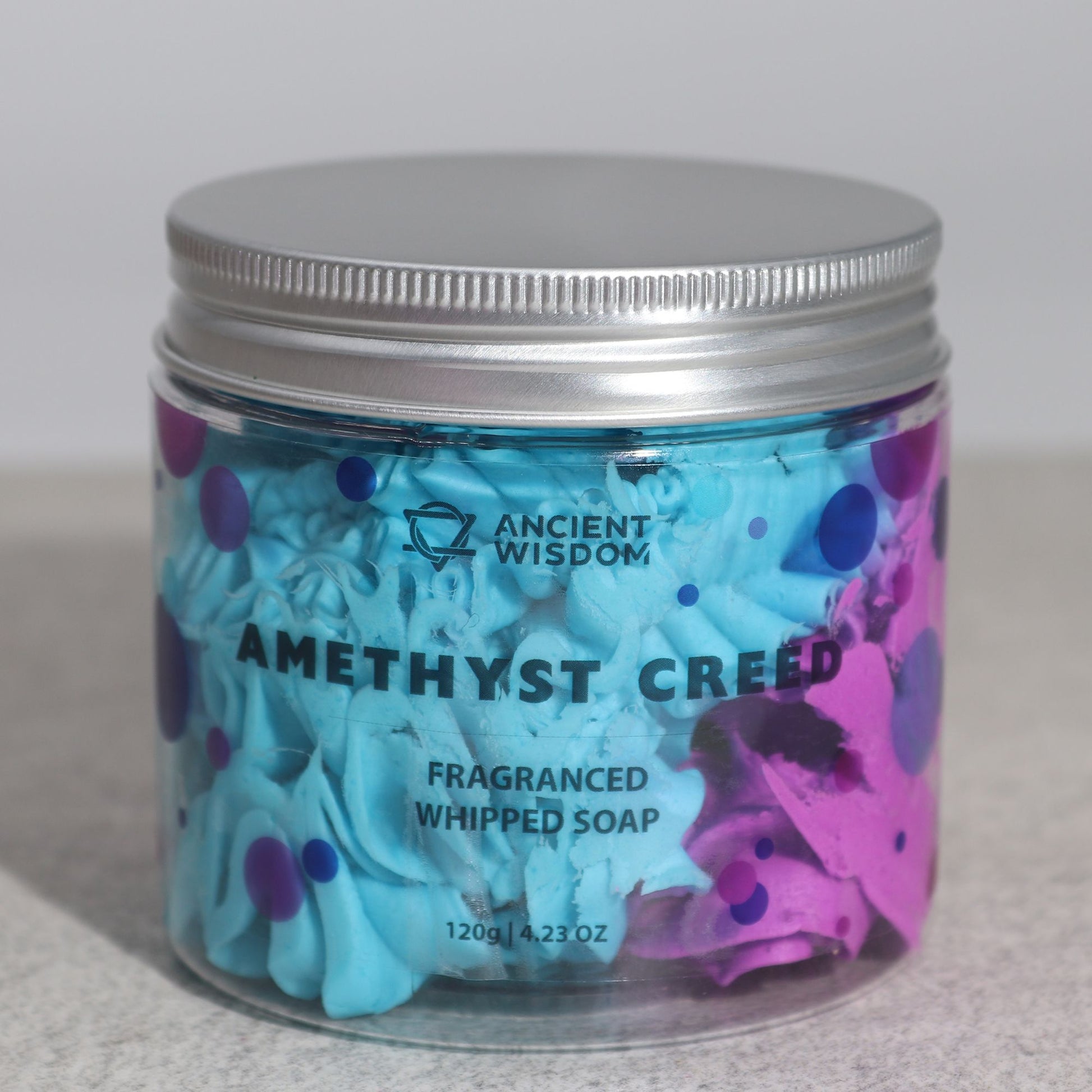 Amethyst Creed whipped soap by The Bliss Co in 120g jar, showcasing fluffy lavender-colored whipped soap with a smooth texture.