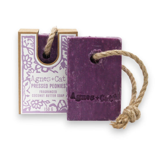 Agnes + Cat Soap on a Rope by The Bliss Co featuring pressed peonies, decorative soap with floral scent and hanging rope design
