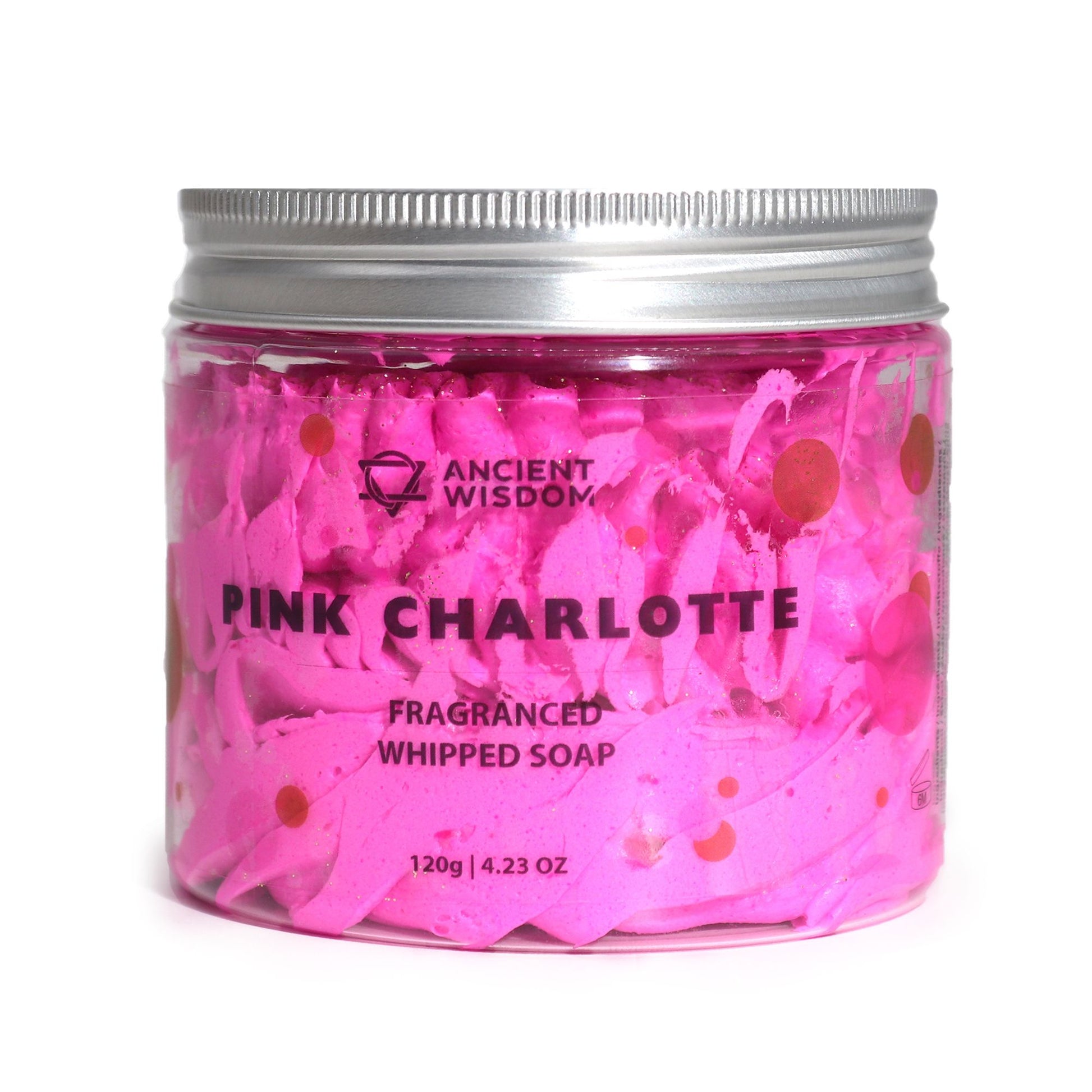 Pink Charlotte whipped soap by The Bliss Co in a 120g container, soft, fluffy texture with a light pink color.