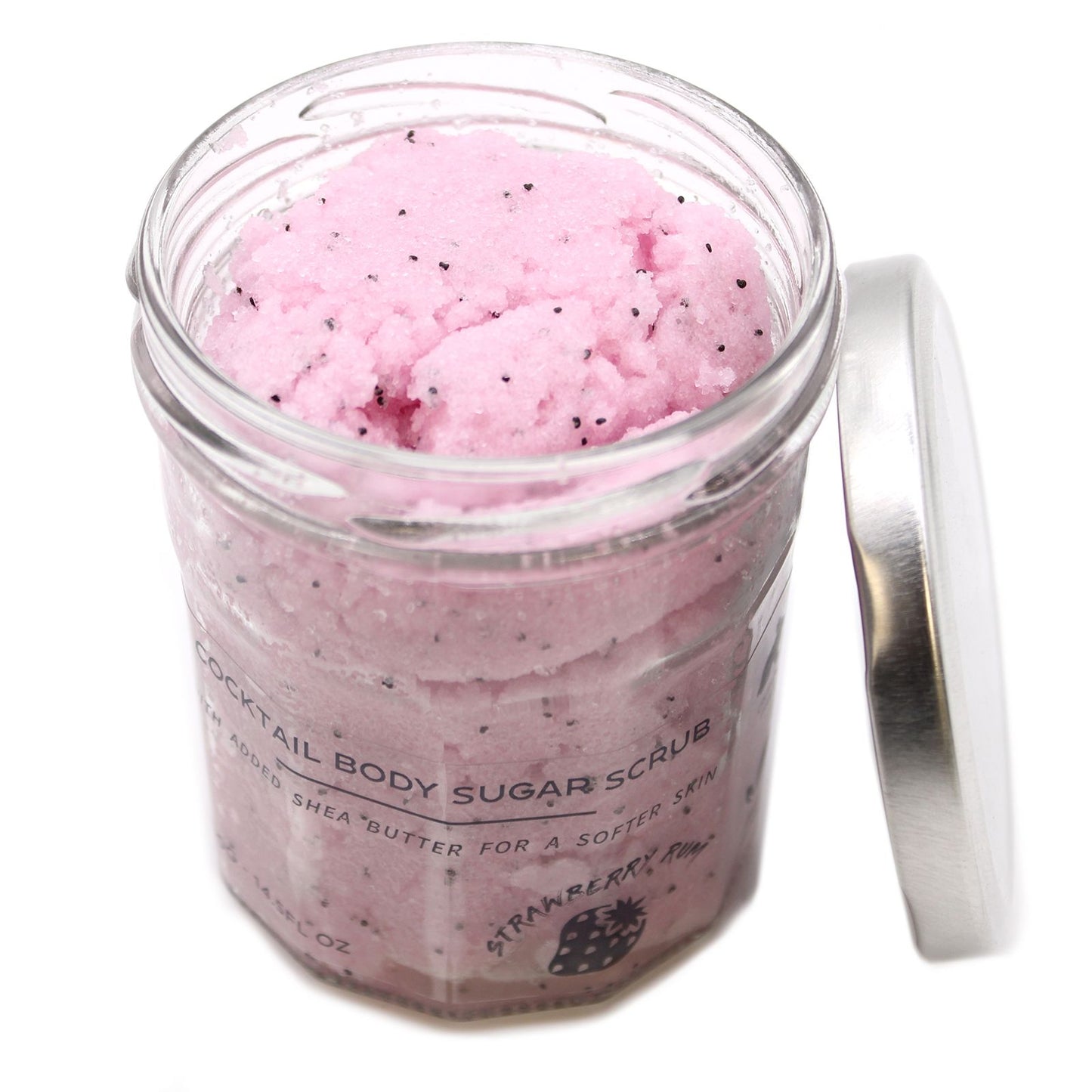 The Bliss Co Strawberry Rum Fragranced Sugar Body Scrub in 300g jar with pink and white packaging, showcasing the product and label.