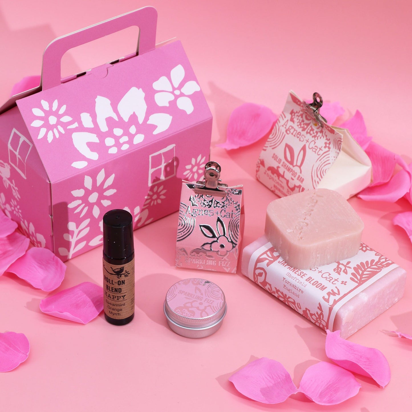 Agnes + Cat Wellness Gift Set by The Bliss Co featuring calming products in a floral-themed box for pet relaxation and care.
