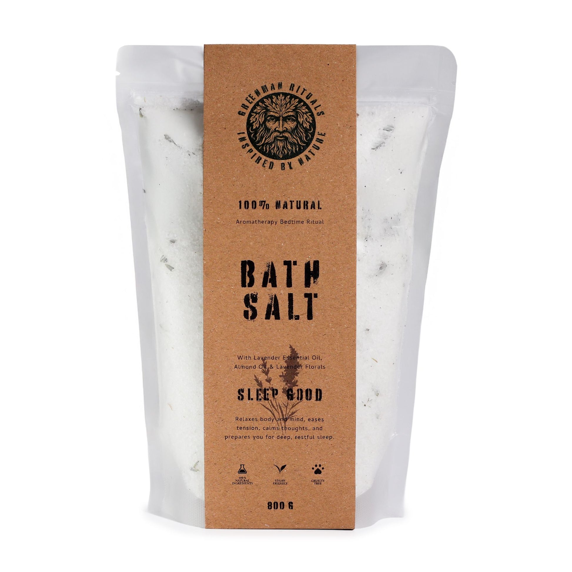 Greenman Rituals lavender aromatherapy Epsom bath salts from The Bliss Co, showing a jar of relaxing lavender-scented bath salts.