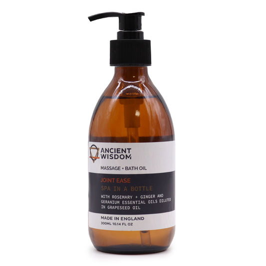 The Bliss Co Aromatherapy Massage and Bath Oil Joint Ease 300ml bottle with pump, designed for soothing massage and bath relaxation.
