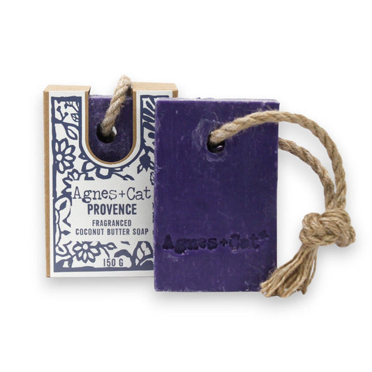 Agnes + Cat Soap on a Rope by The Bliss Co, Provence fragrance, with decorative soap on a hanging rope for bathroom decor
